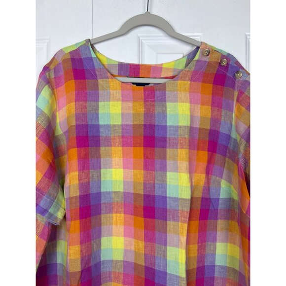 Lands' End Top Women's Multicolor Rainbow Plaid 100% Linen Short Sleeve 2X - Picture 3 of 8